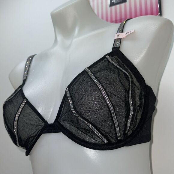 🔥Victoria's Secret Black and Silver Lace Bra Set Sz 36DD // Large new - Picture 7 of 8